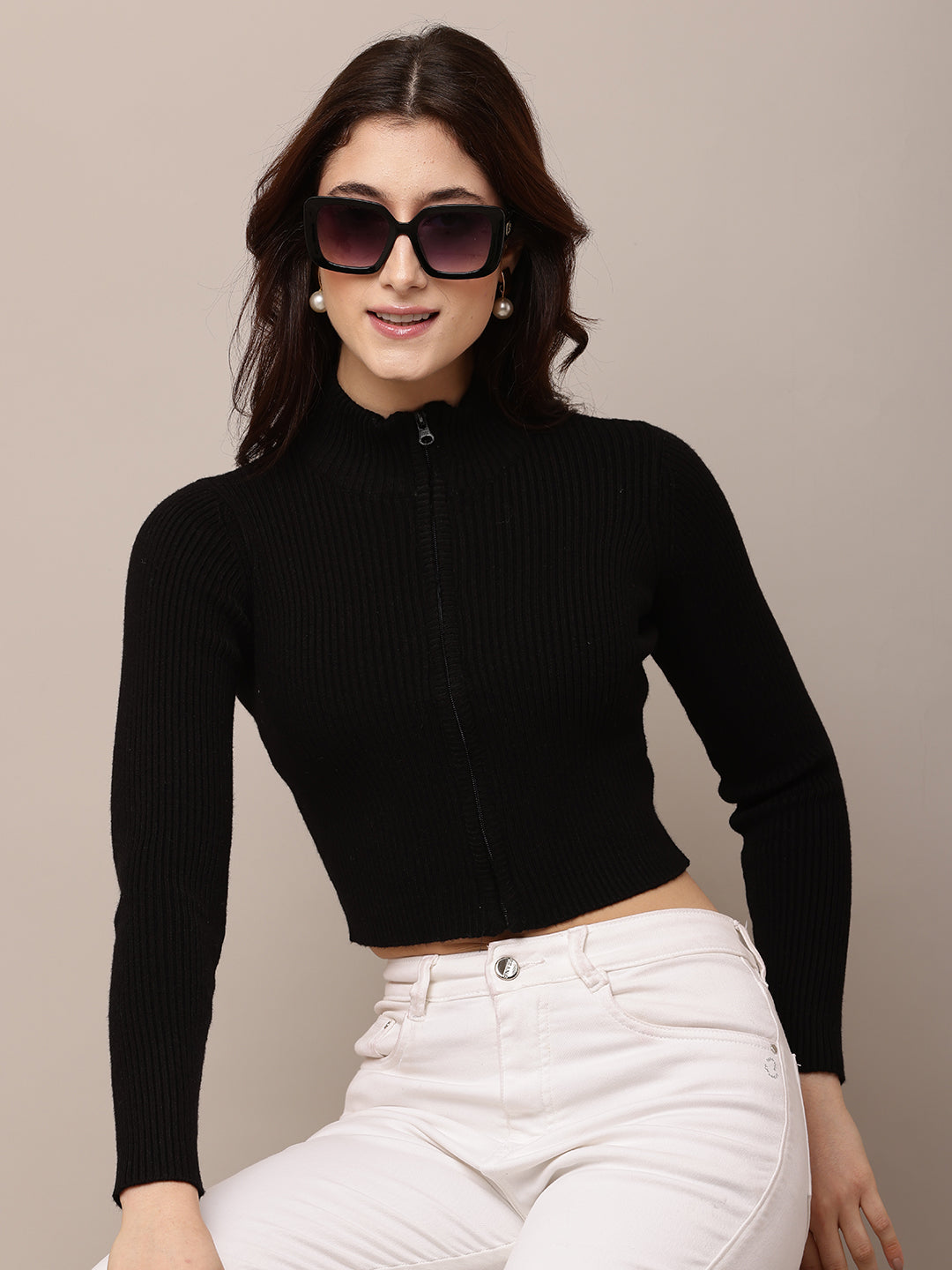 Acrylic Full Sleeve Turtle Neck with rib zip closure Black Crop Sweater