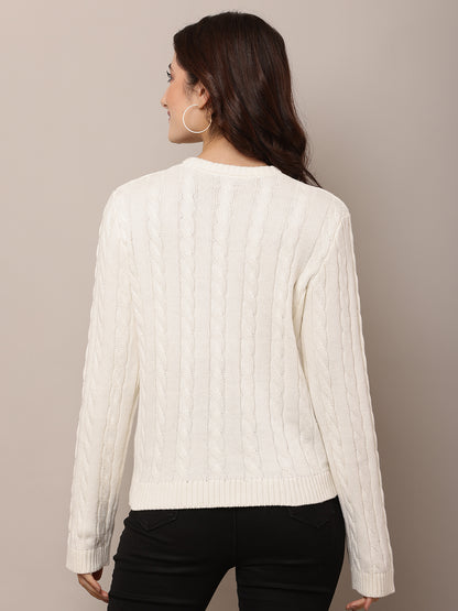 Cotton Full Sleeve with Round Neck White Sweater