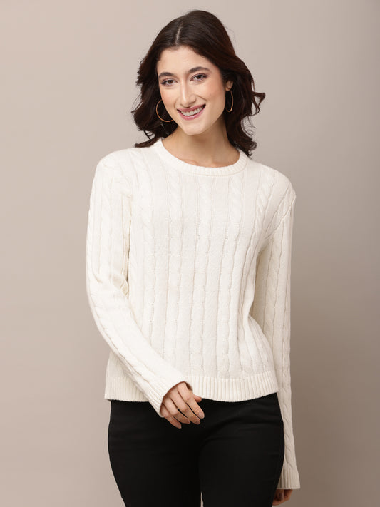 Cotton Full Sleeve with Round Neck White Sweater