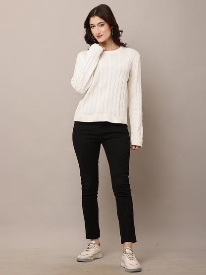 Cotton Full Sleeve with Round Neck White Sweater