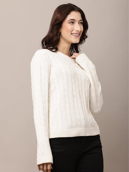 Cotton Full Sleeve with Round Neck White Sweater