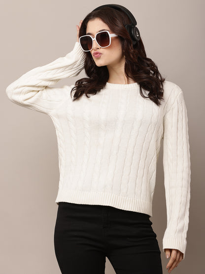 Cotton Full Sleeve with Round Neck White Sweater