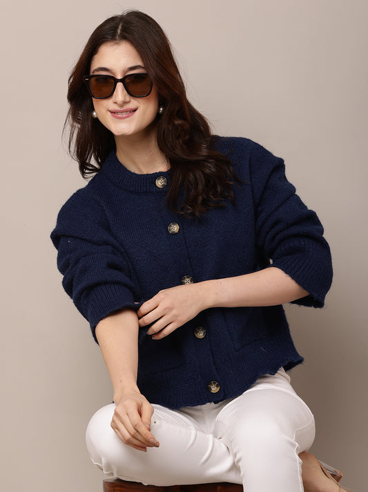 Polyester Full Sleeve with Round Neck Blue Cardigan