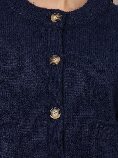 Polyester Full Sleeve with Round Neck Blue Cardigan