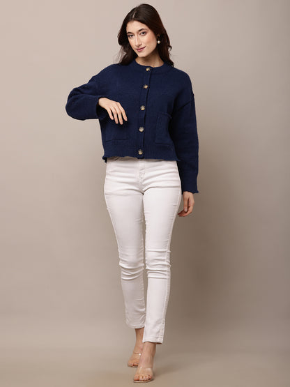 Polyester Full Sleeve with Round Neck Blue Cardigan