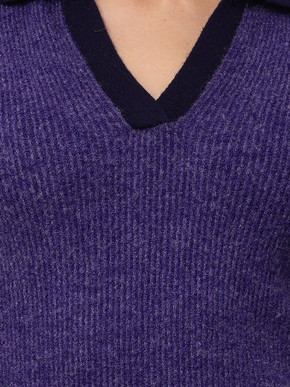 Nylon Full Sleeve with V-Neck Purple Sweater