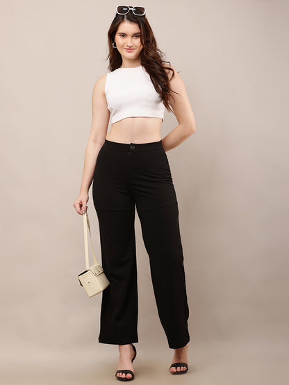 NoBarr Women’s Polyester Front Elastic Button Closure and Black Wide leg Trouser