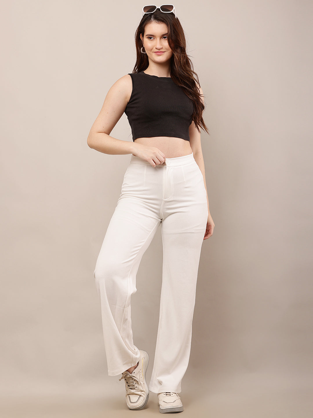 NoBarr Women’s Polyester Front Elastic Button Closure and Off-White Wide leg Trouser