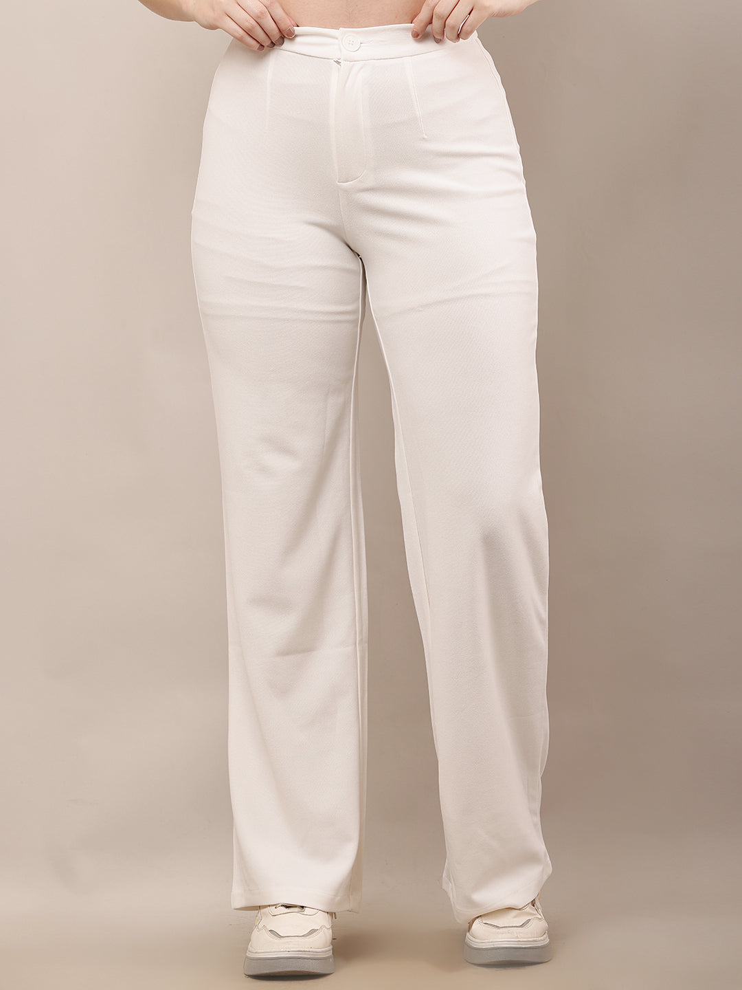 NoBarr Women’s Polyester Front Elastic Button Closure and Off-White Wide leg Trouser