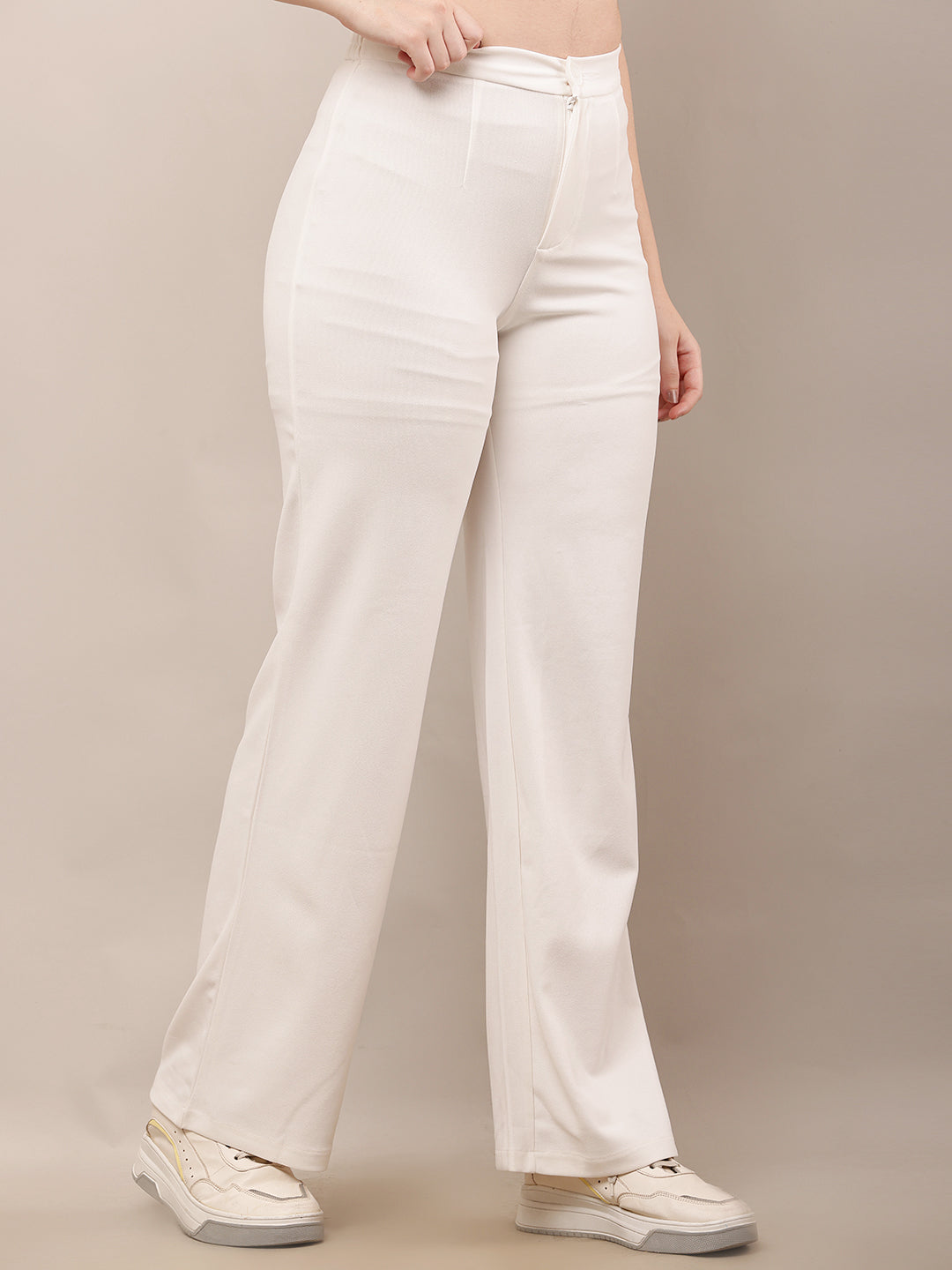 NoBarr Women’s Polyester Front Elastic Button Closure and Off-White Wide leg Trouser