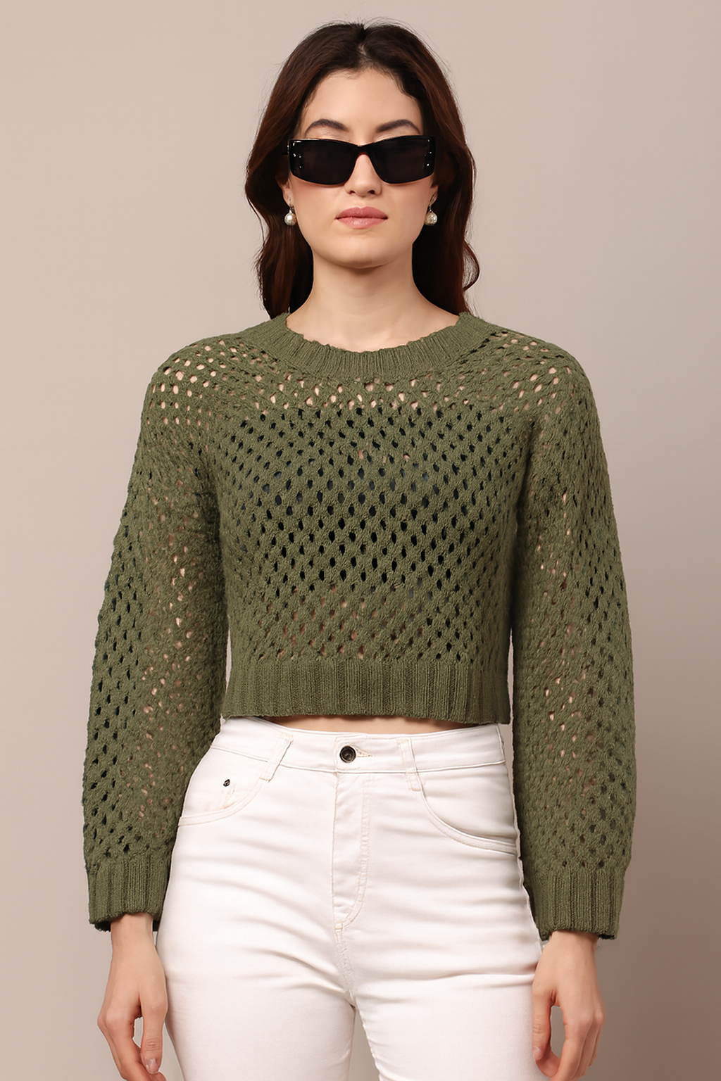 Acrylic Full Sleeve Dark Green Open Knit Cropped Sweater