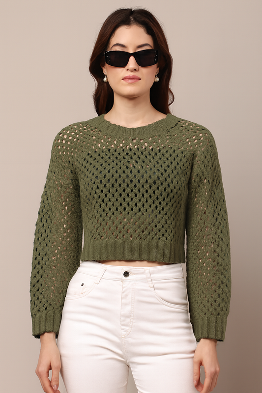 Acrylic Full Sleeve Dark Green Open Knit Cropped Sweater