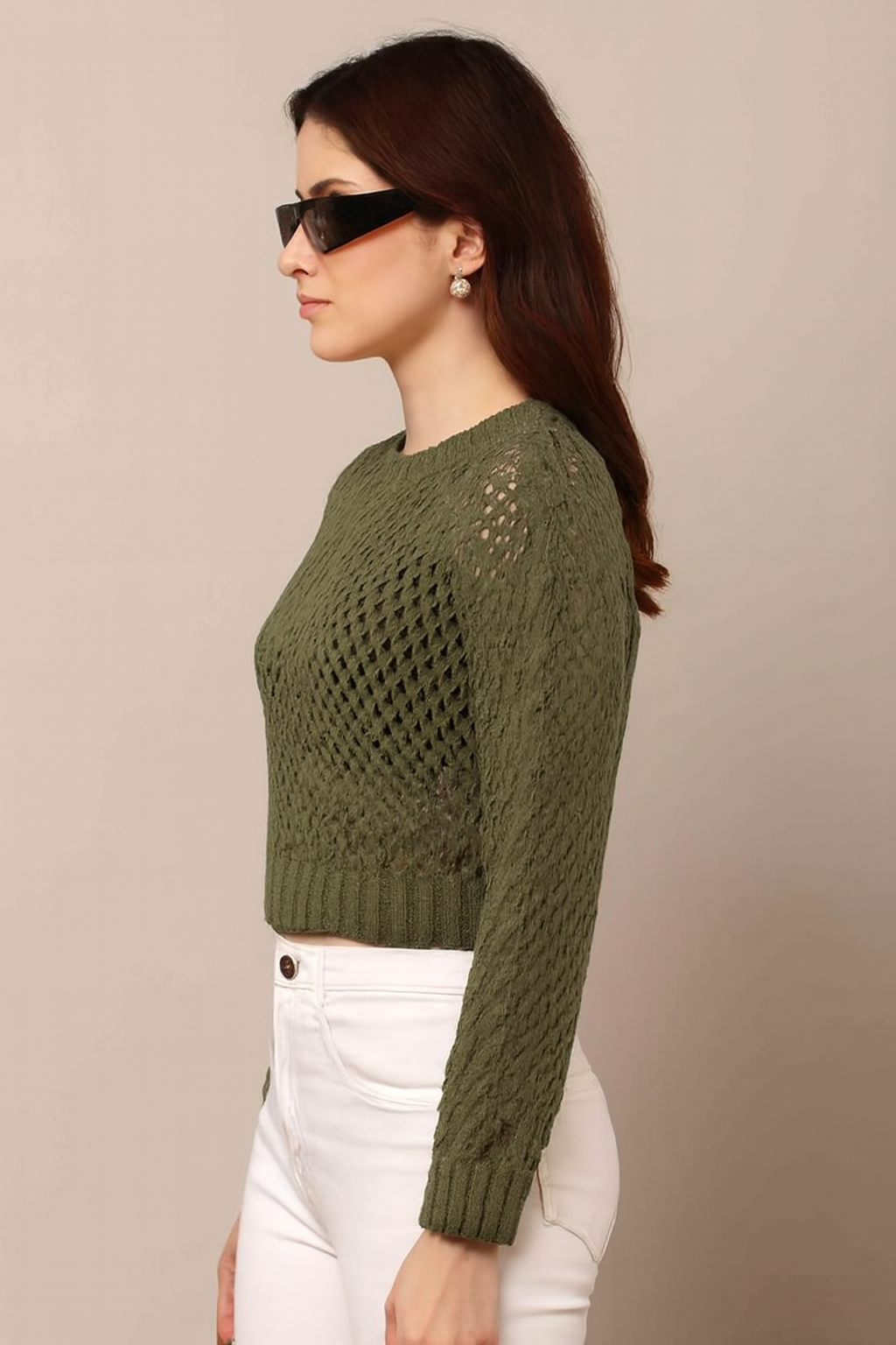 Acrylic Full Sleeve Dark Green Open Knit Cropped Sweater