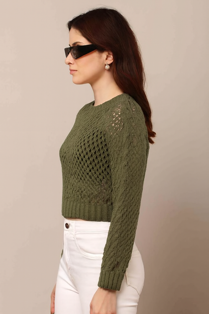Acrylic Full Sleeve Dark Green Open Knit Cropped Sweater