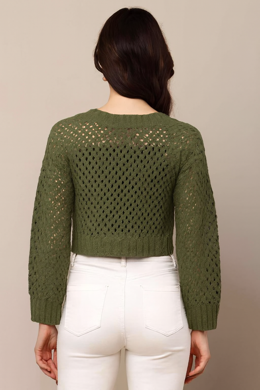 Acrylic Full Sleeve Dark Green Open Knit Cropped Sweater