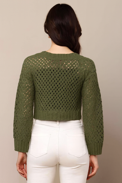 Acrylic Full Sleeve Dark Green Open Knit Cropped Sweater