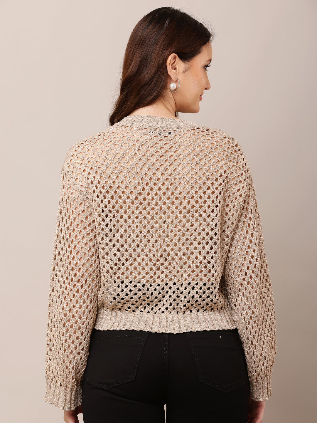 Acrylic Full Sleeve Golden Open Knit Cropped Sweater
