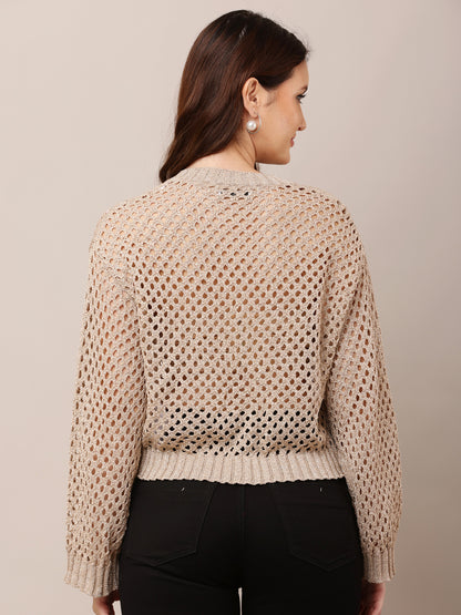 Acrylic Full Sleeve Golden Open Knit Cropped Sweater