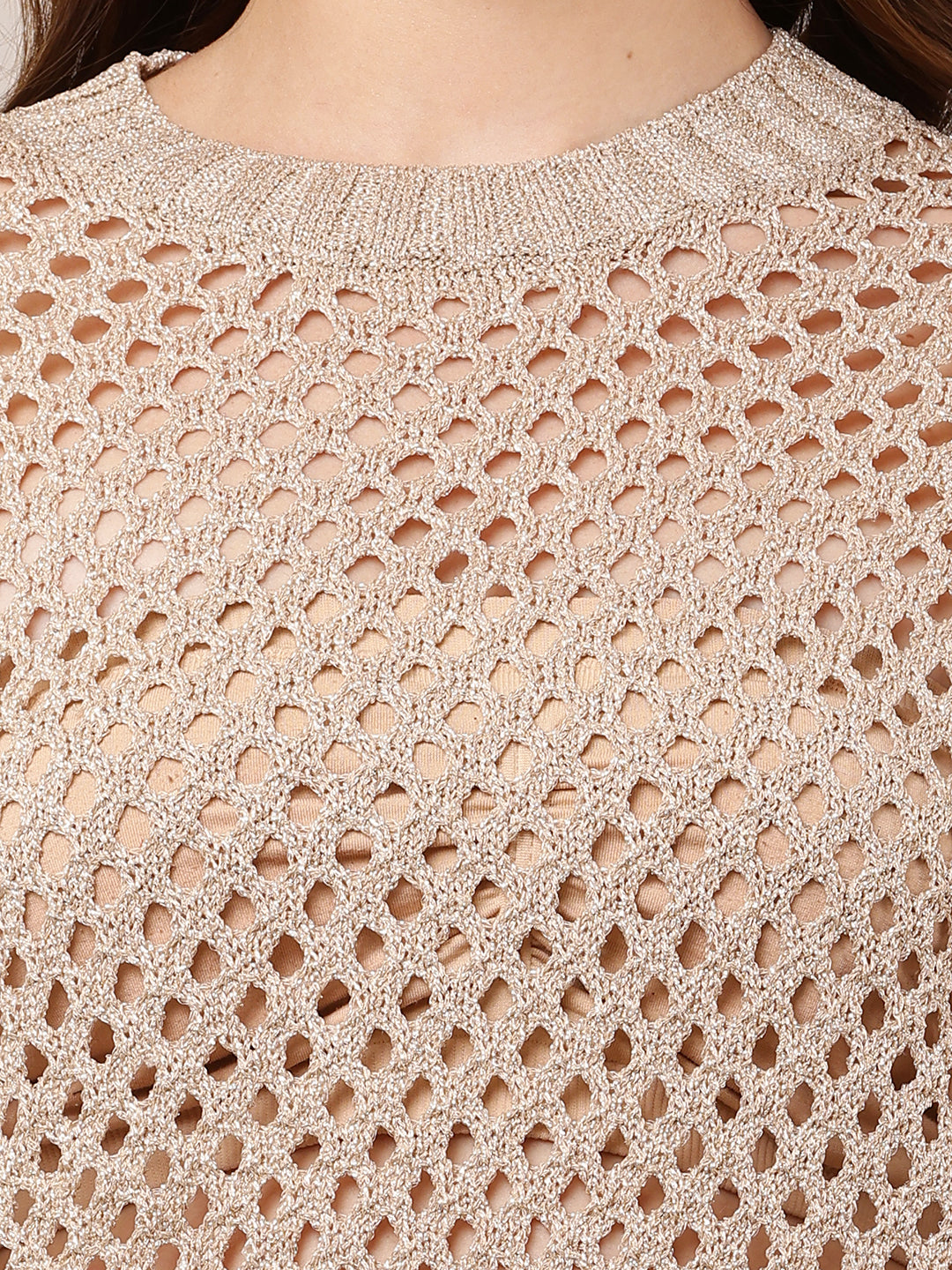 Acrylic Full Sleeve Golden Open Knit Cropped Sweater