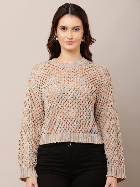 Acrylic Full Sleeve Golden Open Knit Cropped Sweater