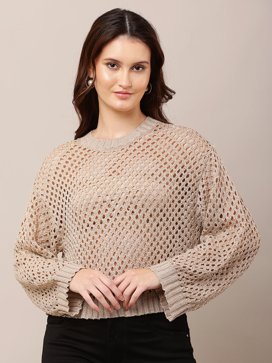 Acrylic Full Sleeve Golden Open Knit Cropped Sweater