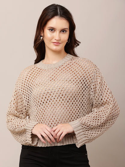 Acrylic Full Sleeve Golden Open Knit Cropped Sweater