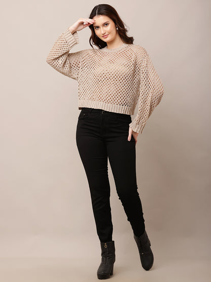 Acrylic Full Sleeve Golden Open Knit Cropped Sweater