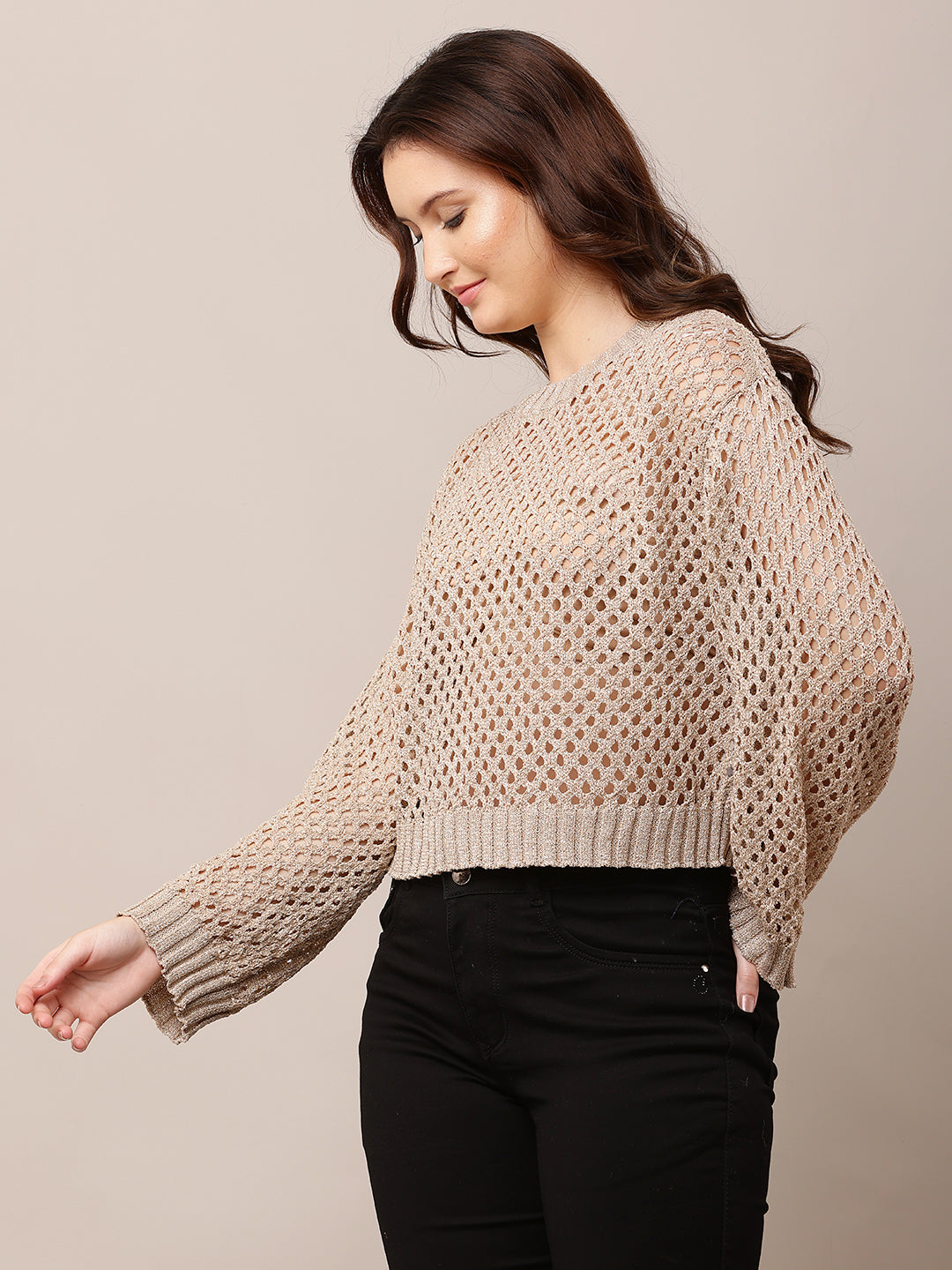 Acrylic Full Sleeve Golden Open Knit Cropped Sweater
