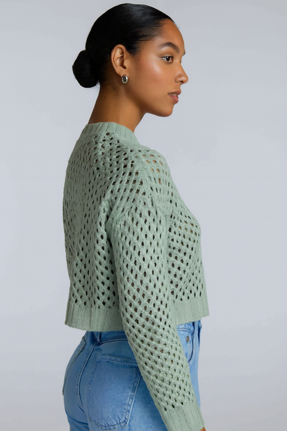 Acrylic Full Sleeve Sea Green Open Knit Cropped Sweater