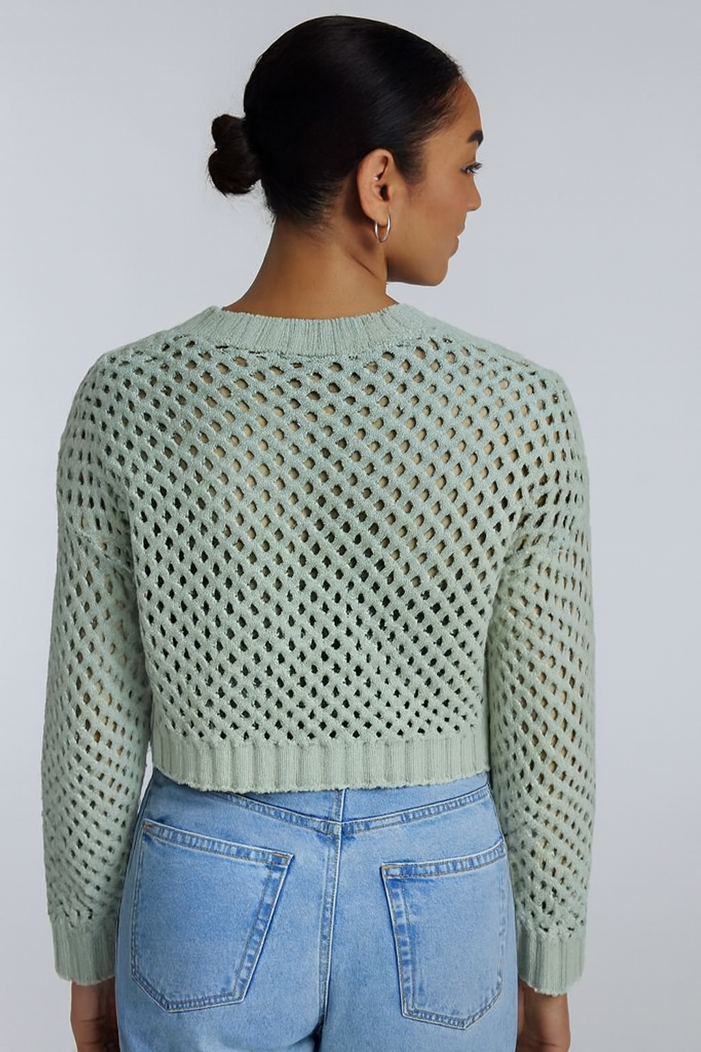 Acrylic Full Sleeve Sea Green Open Knit Cropped Sweater