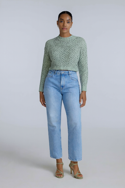 Acrylic Full Sleeve Sea Green Open Knit Cropped Sweater