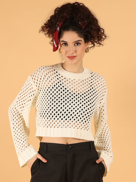 Acrylic Full Sleeve White Open Knit Cropped Sweater