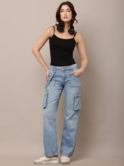 Cotton Full Length Button Closure Blue Jeans