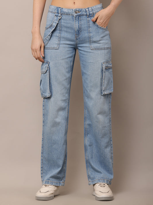 Cotton Full Length Button Closure Blue Jeans
