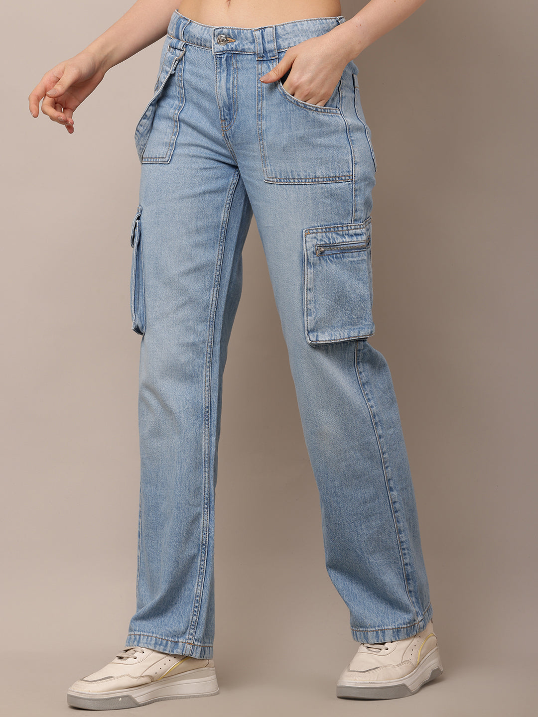 Cotton Full Length Button Closure Blue Jeans