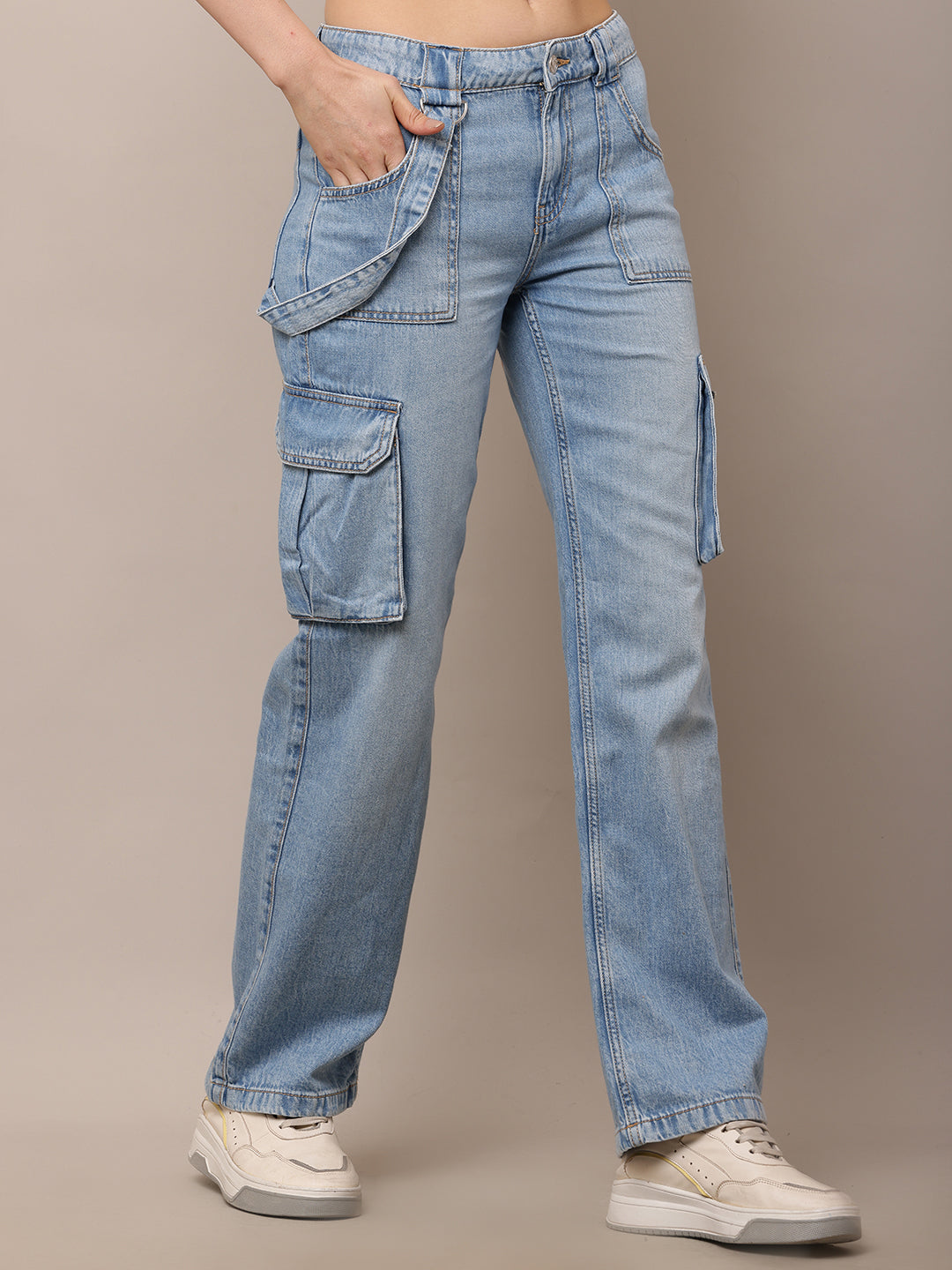Cotton Full Length Button Closure Blue Jeans