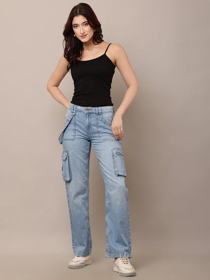 Cotton Full Length Button Closure Blue Jeans