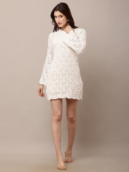Polyester Full sleeve with Crew neck Crochet off- White Shift Dress