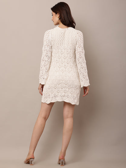 Polyester Full sleeve with Crew neck Crochet off- White Shift Dress
