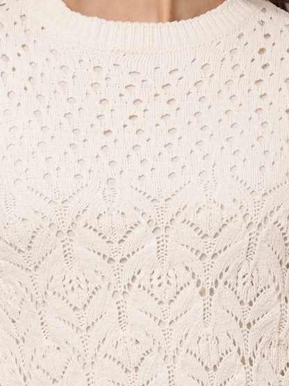 Polyester Full sleeve with Crew neck Crochet off- White Shift Dress