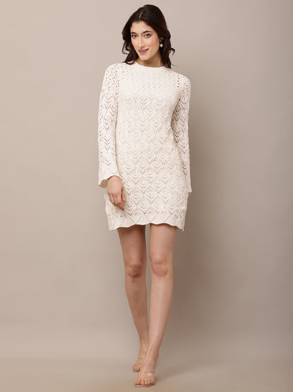 Polyester Full sleeve with Crew neck Crochet off- White Shift Dress