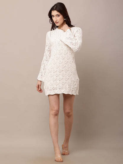 Polyester Full sleeve with Crew neck Crochet off- White Shift Dress