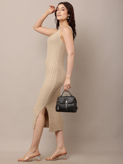 Acrylic Round Neck with Sleeveless ribbed Beige Bodycon Dress