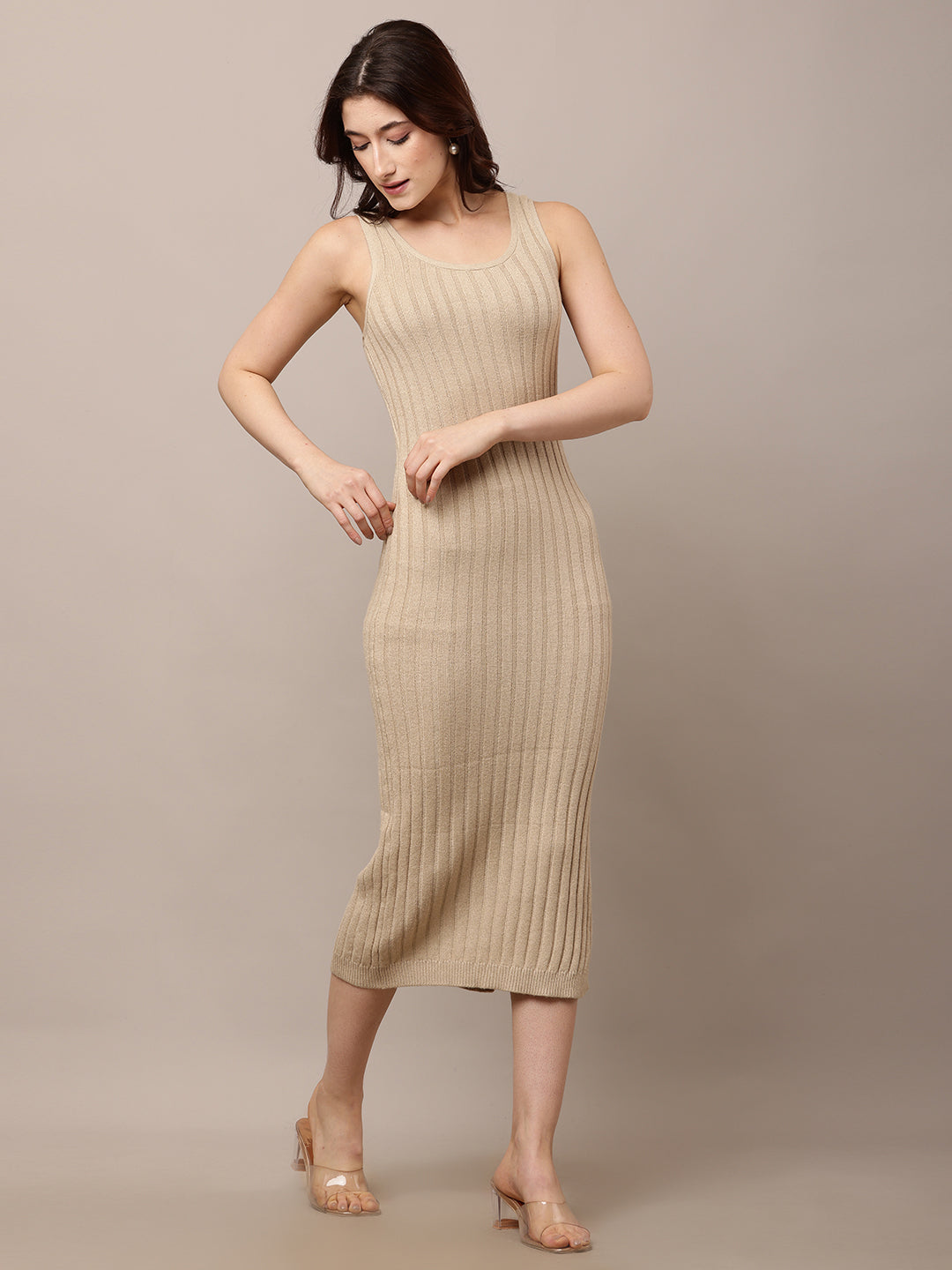 Acrylic Round Neck with Sleeveless ribbed Beige Bodycon Dress