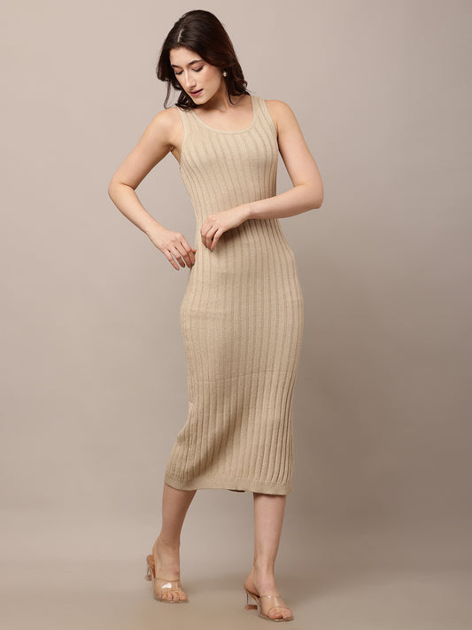 Acrylic Round Neck with Sleeveless ribbed Beige Bodycon Dress