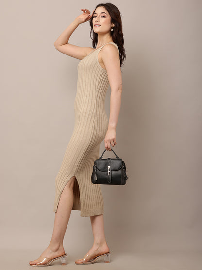Acrylic Round Neck with Sleeveless ribbed Beige Bodycon Dress