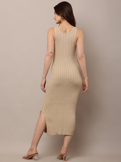 Acrylic Round Neck with Sleeveless ribbed Beige Bodycon Dress