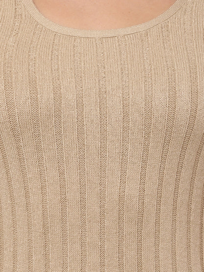 Acrylic Round Neck with Sleeveless ribbed Beige Bodycon Dress