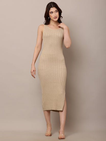 Acrylic Round Neck with Sleeveless ribbed Beige Bodycon Dress