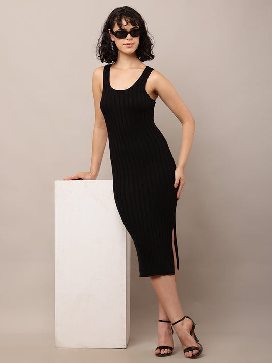 Acrylic Round Neck with Sleeveless ribbed Black Bodycon Dress
